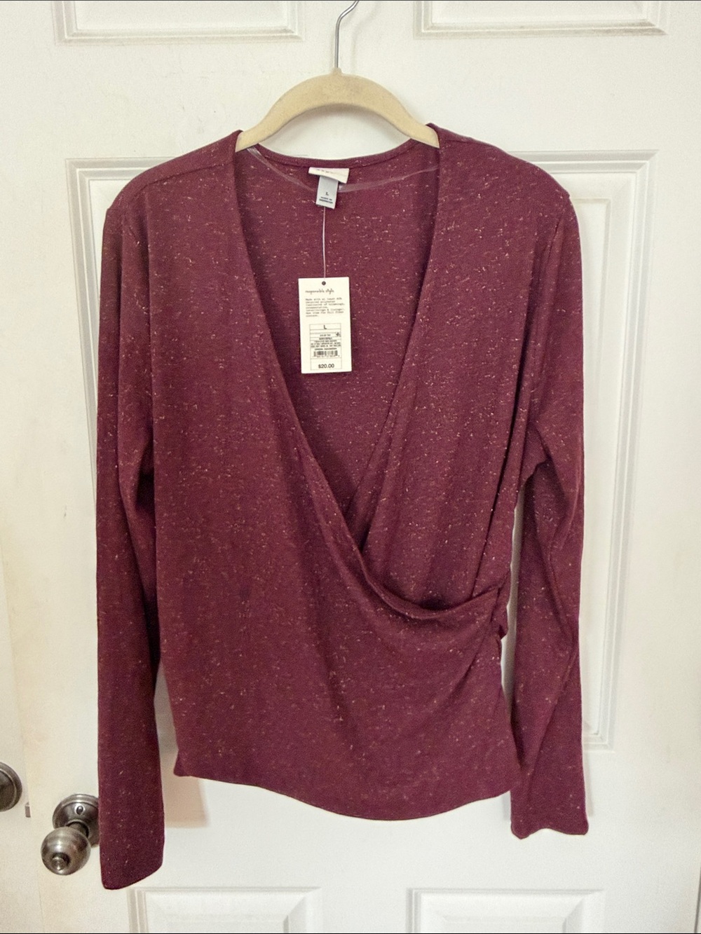 a new day sparkly wrap Long-Sleeve Top size large maroon red gold party shirt